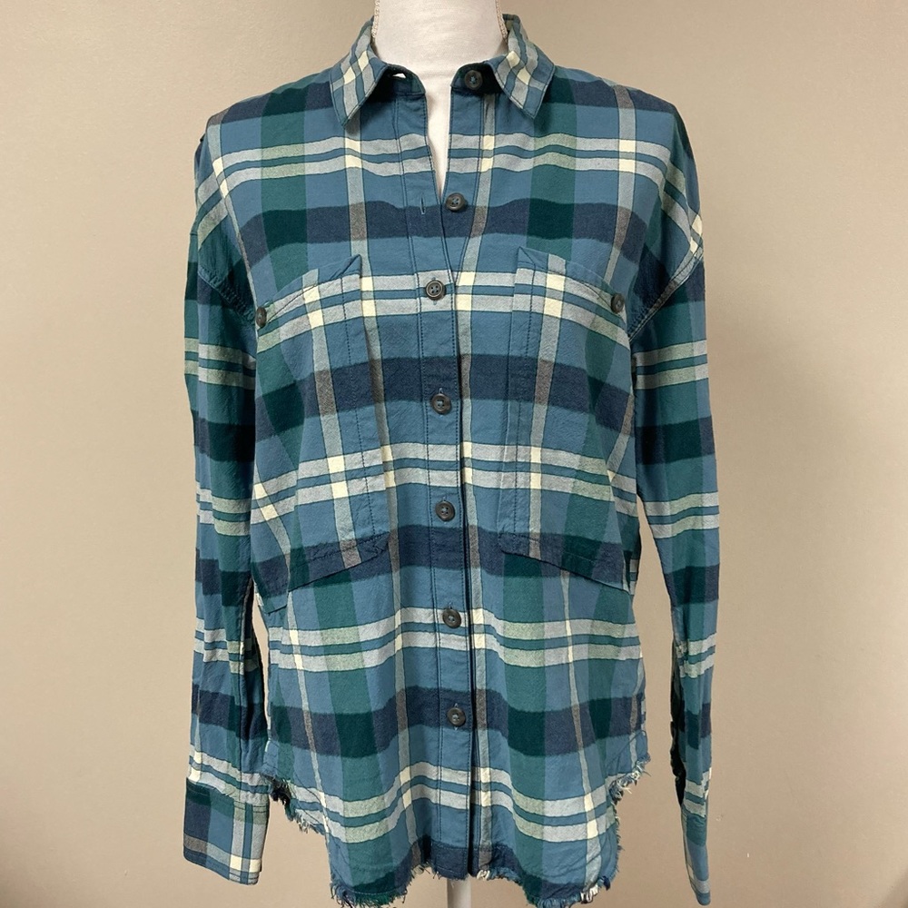 FREE PEOPLE Raw Hem Plaid Button Down Top